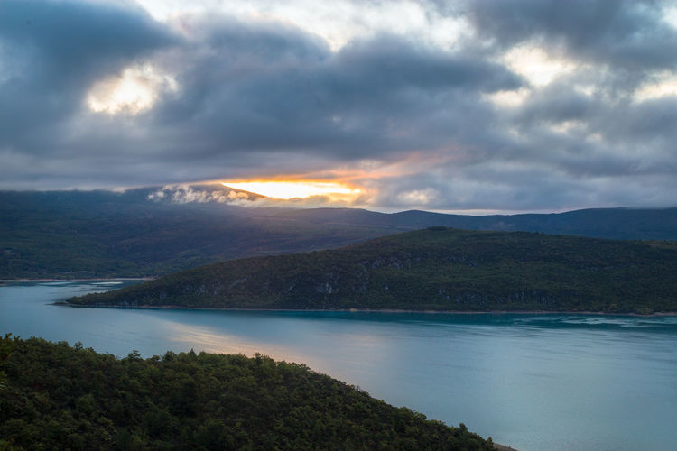 Scenic view of lake against cloudy sky
