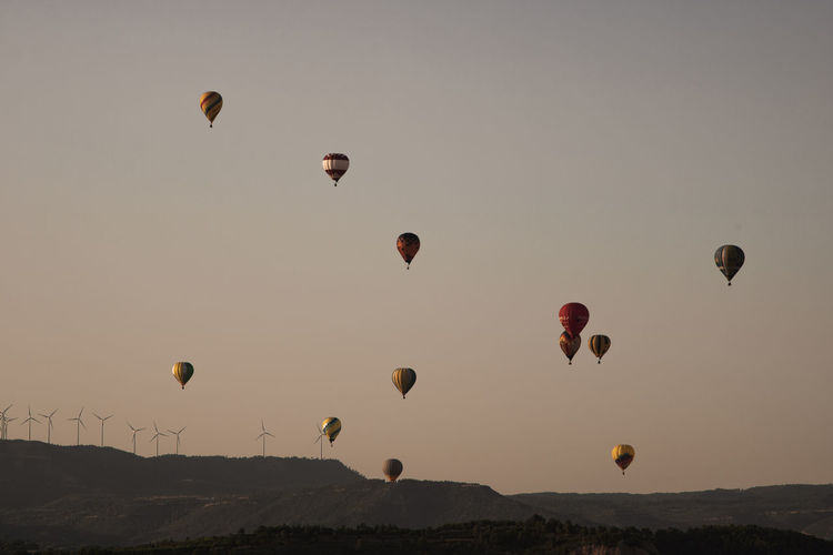 Many balloons in the sky in european balloon festival in igualada, a town in barcelona province