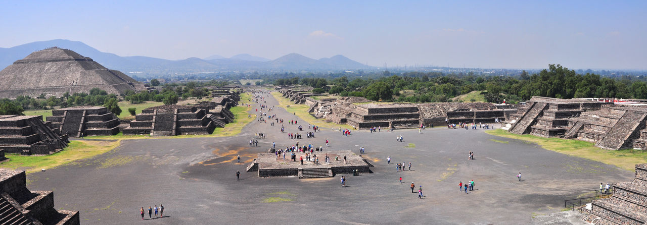 Panoramic view of moon pyramid against sky