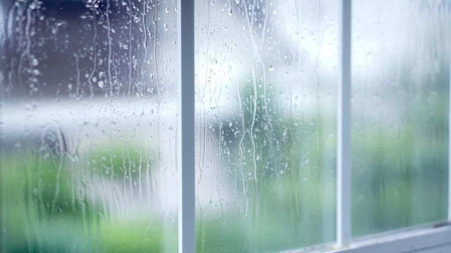Close-up of rain drops on glass of window