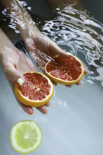 High angle view of fruits in bathtub