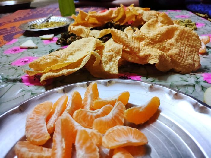 High angle view of breakfast served on table