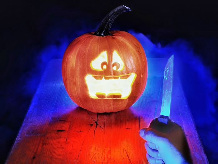 Close-up of illuminated halloween pumpkin