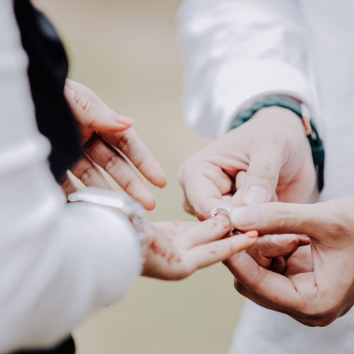 Cropped image of couple exchanging wedding rings