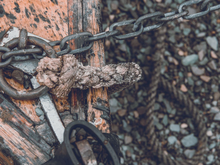 Close-up of old rope on wooden boat