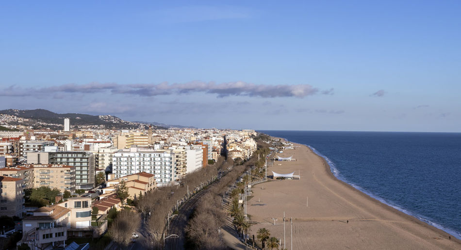 Aerial panoramic view of calella city in el maresme, catalonia, spain