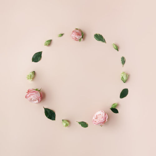 Natural round frame with copy space made of flowers and leaves on trendy pastel beige background.
