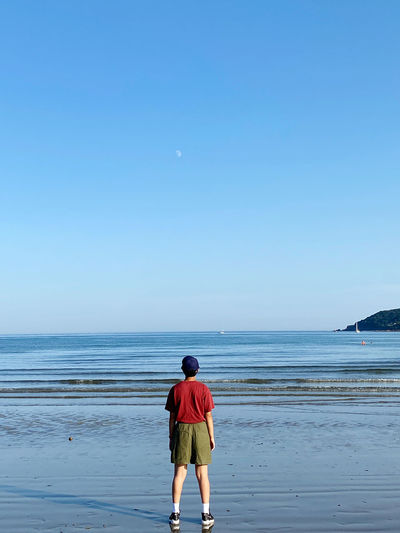 Rear view of man standing on beach against clear sky