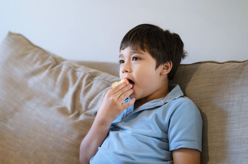Portrait of boy relaxing on sofa at home
