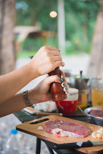 Hands of woman seasoning meal