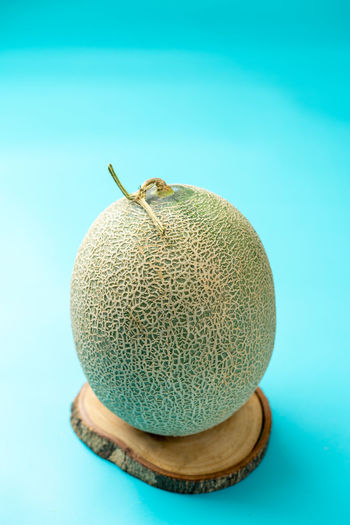 A melon photographed on a light blue background.
