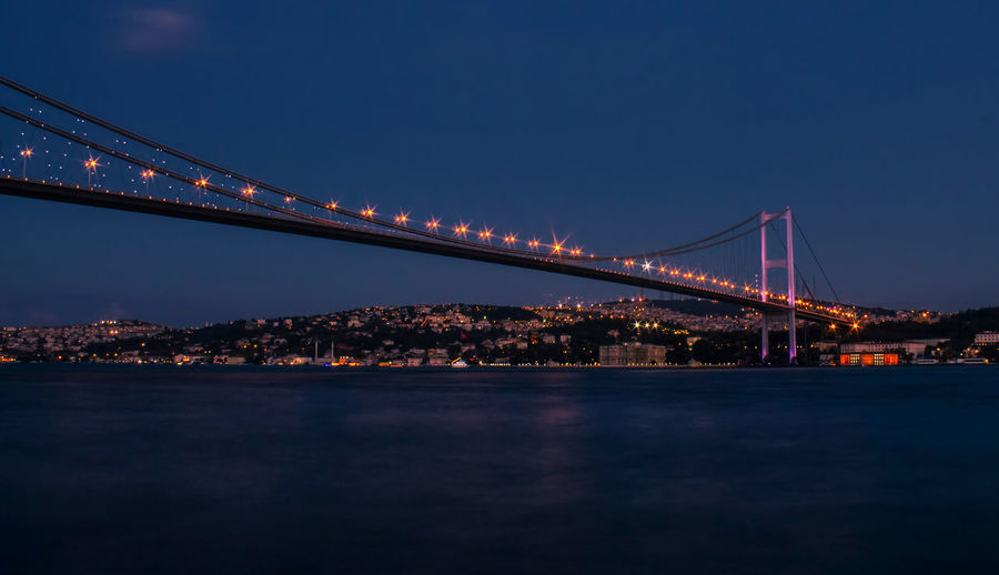 Illuminated suspension bridge over river in illuminated city at night