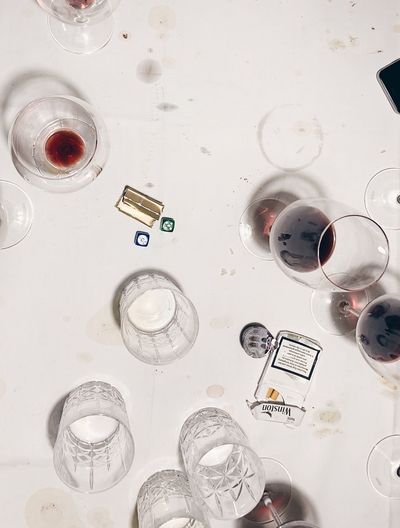 High angle view of wine bottles on table