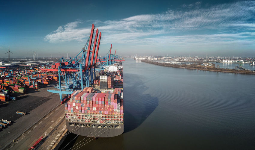 Aerial photograph with straight perspective from a container terminal in hamburg