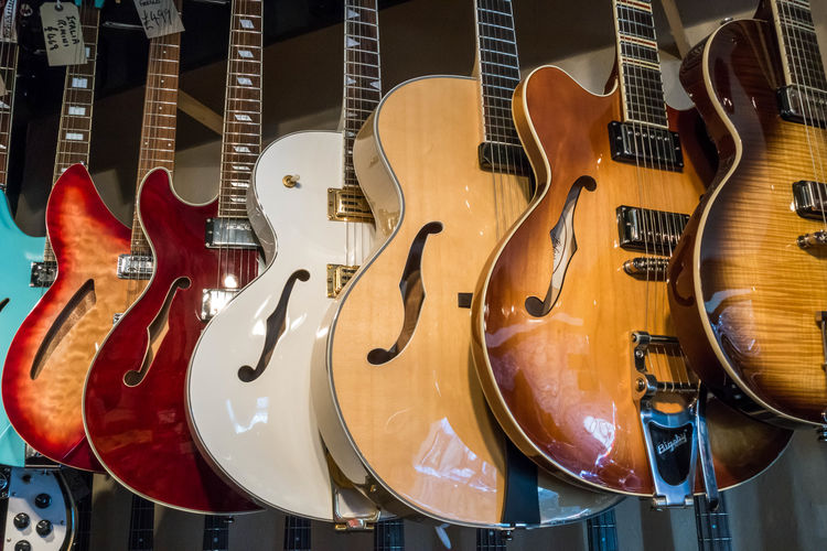 Low angle view of guitars for sale at store
