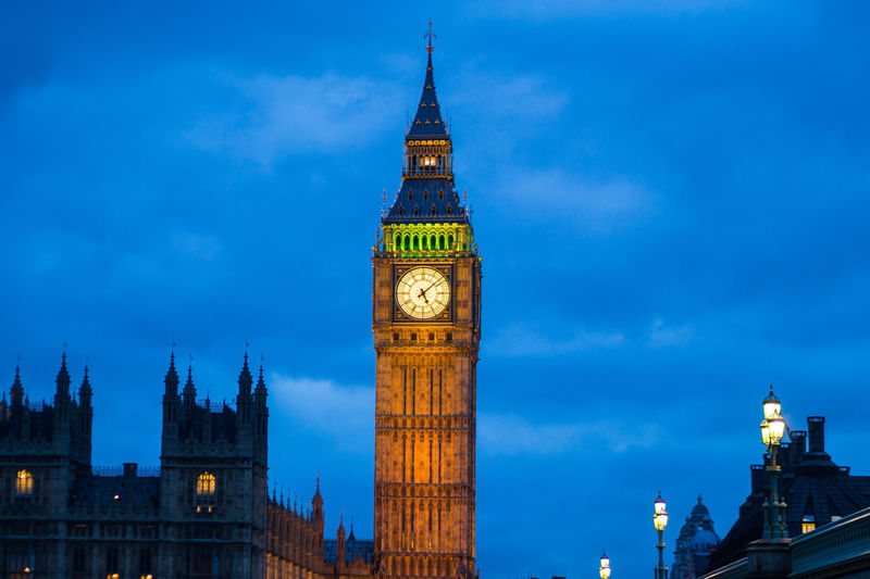Low angle view of illuminated big ben against sky at dusk
