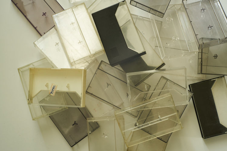 High angle view of broken paper on table