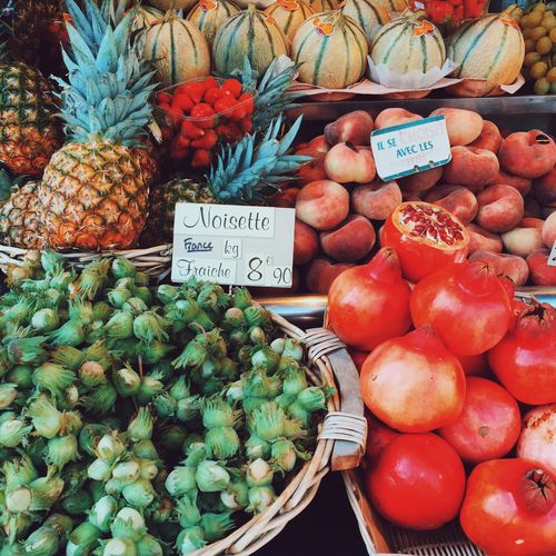 High angle view of fresh fruits for sale at market stall