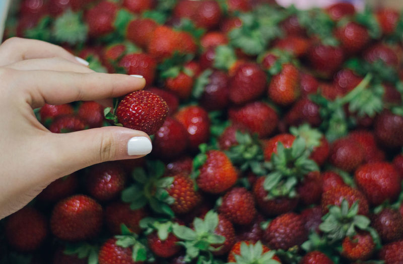 Close-up of cropped hand holding strawberry