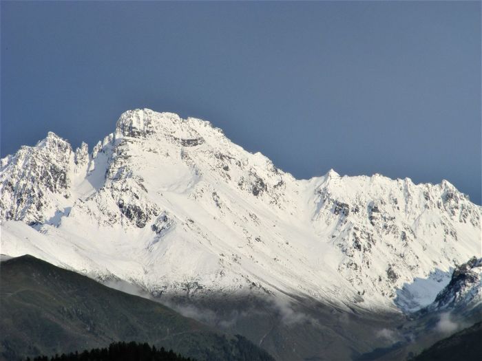 Scenic view of snowcapped mountains against clear sky