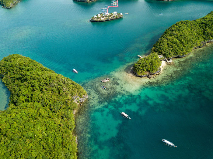 Scenic panorama drone aerial picture of the hundred islands national park in pangasinan, philippines