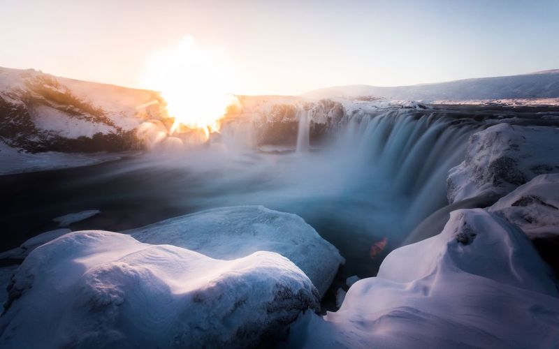 Majestic view of godafoss waterfall during winter