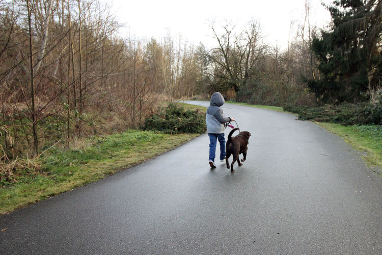 Rear view of boy with dog running on road