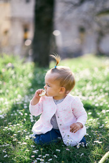 Cute baby looking away crouching on grass