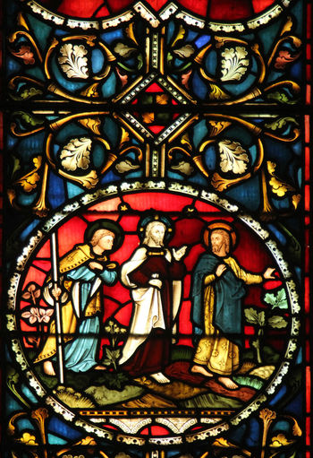 Full frame shot of stained glass window in church