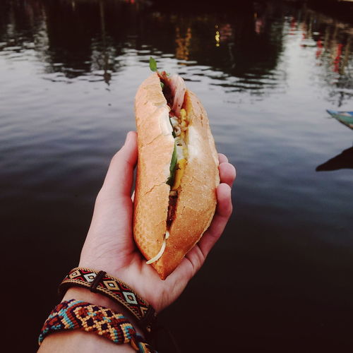 Cropped image of hand holding hot dog
