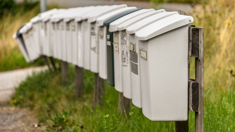 Close-up of mailbox on field