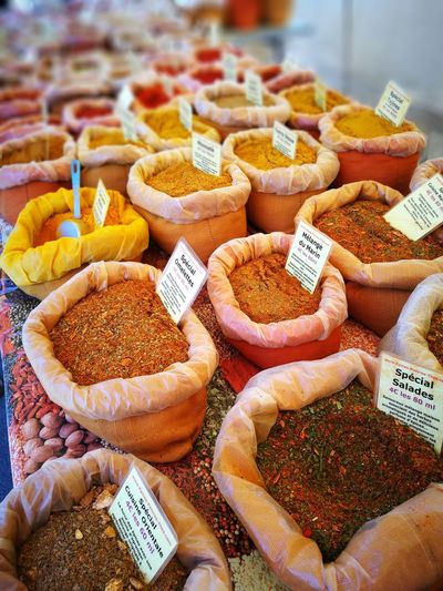 High angle view of spices for sale at market