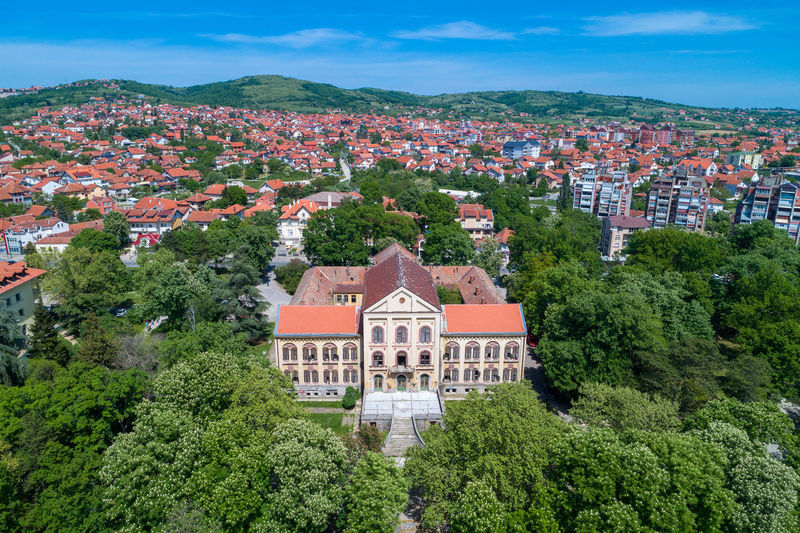 Aerial view of arandjelovac, park and castle in city in sumadija, central serbia