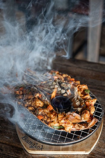 Close-up of meat on barbecue grill