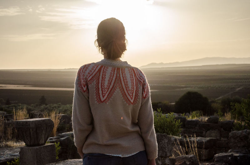 Rear view of woman looking at sunset