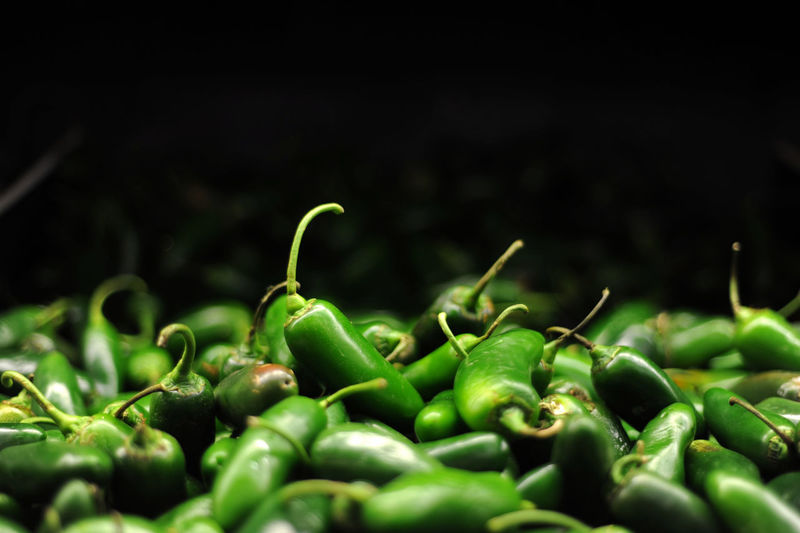 Green chili peppers chile serrano, sierra chili in tapachula, chiapas, mexico.