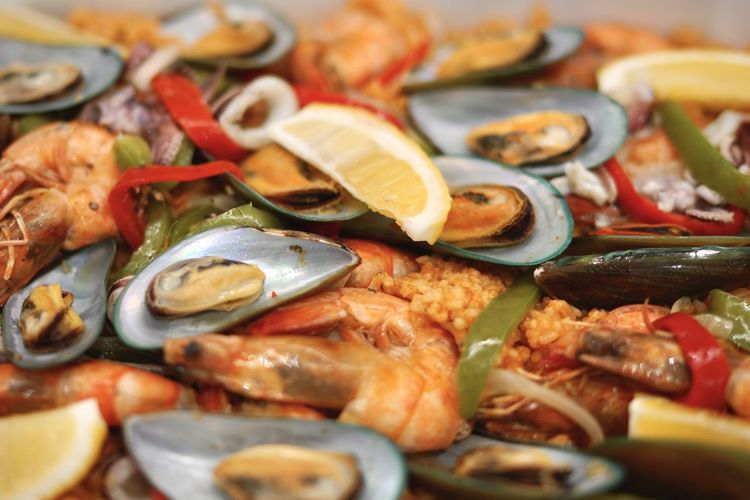 Close-up of seafood served on table