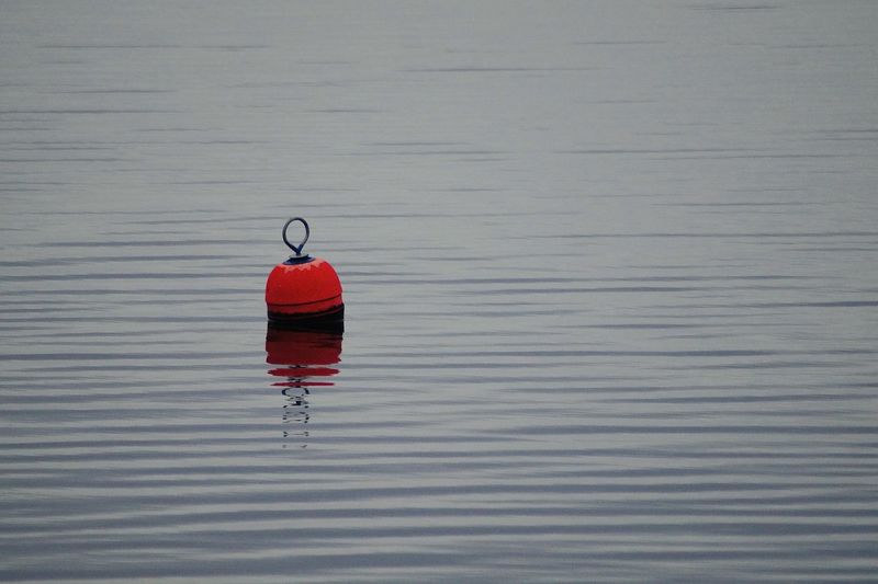 High angle view of red buoy floating on water