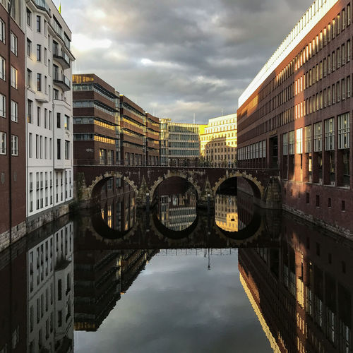 Bridge over canal by buildings against sky in city