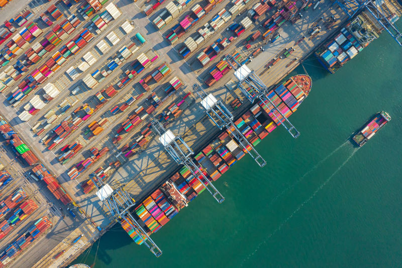 Container ships and transport aircraft in the export and import business and logistics