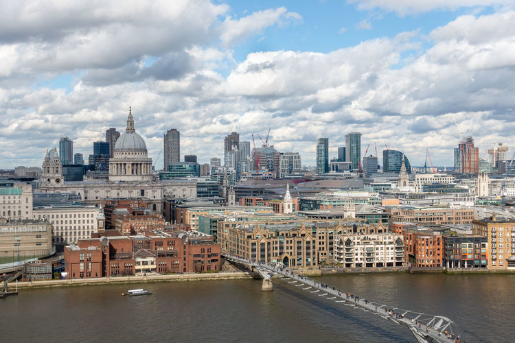 Aerial london riverside cityscape with st paul's cathedral dominating the skyline