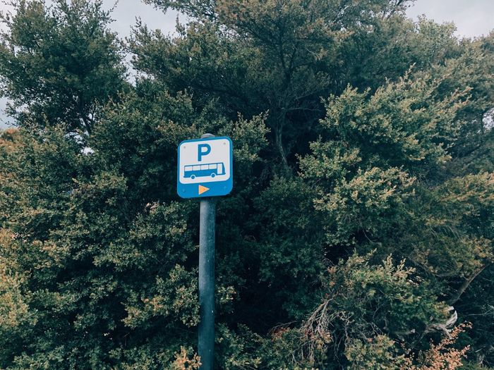 Road sign against trees