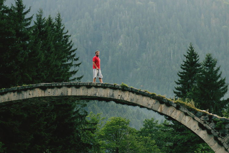 Man standing on bridge in forest