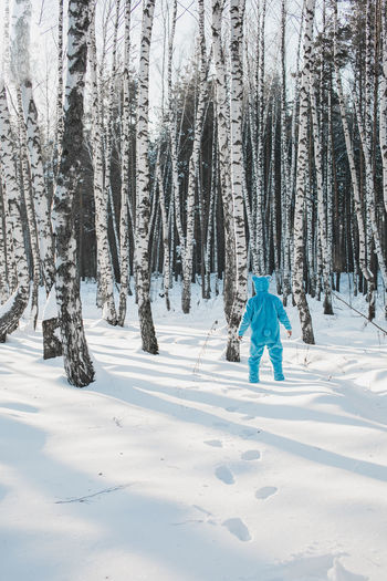 Rear view of man wearing costume standing against trees on snowy field in winter
