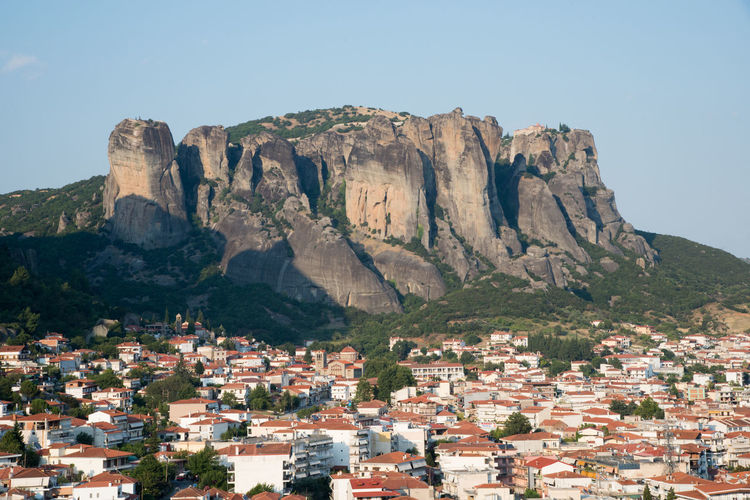 View of meteora mountains and kalambaka city, greece, on a sunny day. europe