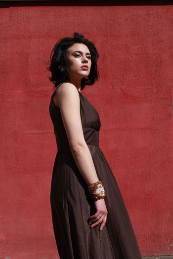 Adult Beautiful Woman Beauty Clothing Contemplation Evening Gown Fashion Front View Hairstyle Lifestyles Looking At Camera One Person Portrait Red Standing Three Quarter Length Wall - Building Feature Women Young Adult Young Women The Fashion Photographer - 2018 EyeEm Awards