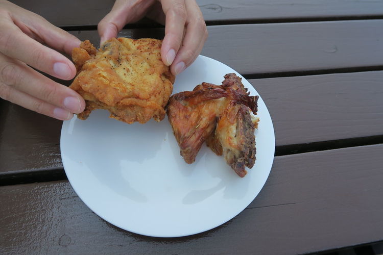 Midsection of person holding fried chicken in plate