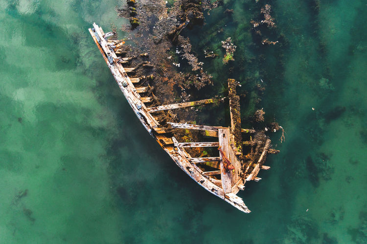 High angle view of shipwreck in sea