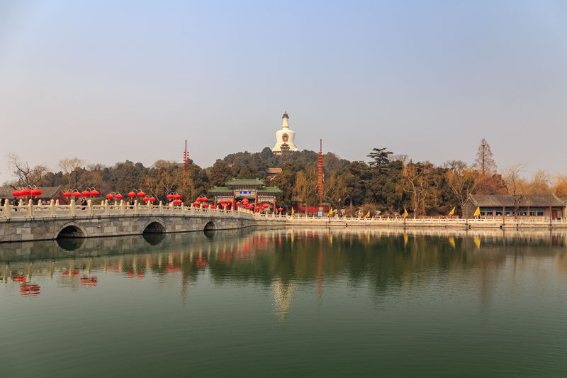 Scenic view of lake by building against clear sky