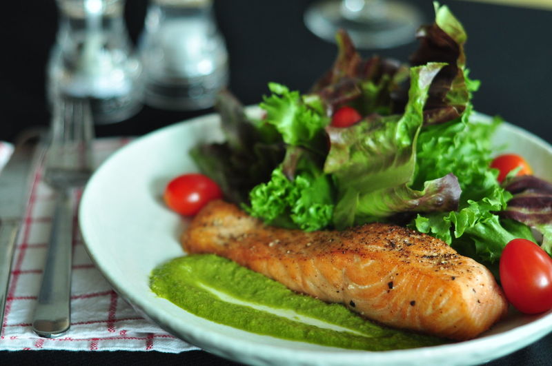 Close-up of salad served in plate on table